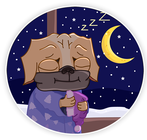 晚安 桌布 壁紙 — 一隻卡通狗在繁星點點的夜空下安睡，頭頂有新月和zzz。