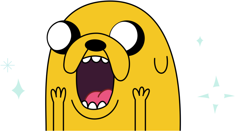 jake the dog 桌布 壁紙 — 一隻卡通狗在黑色背景上發出寬廣的喜悅尖叫，周圍有閃爍的光芒。