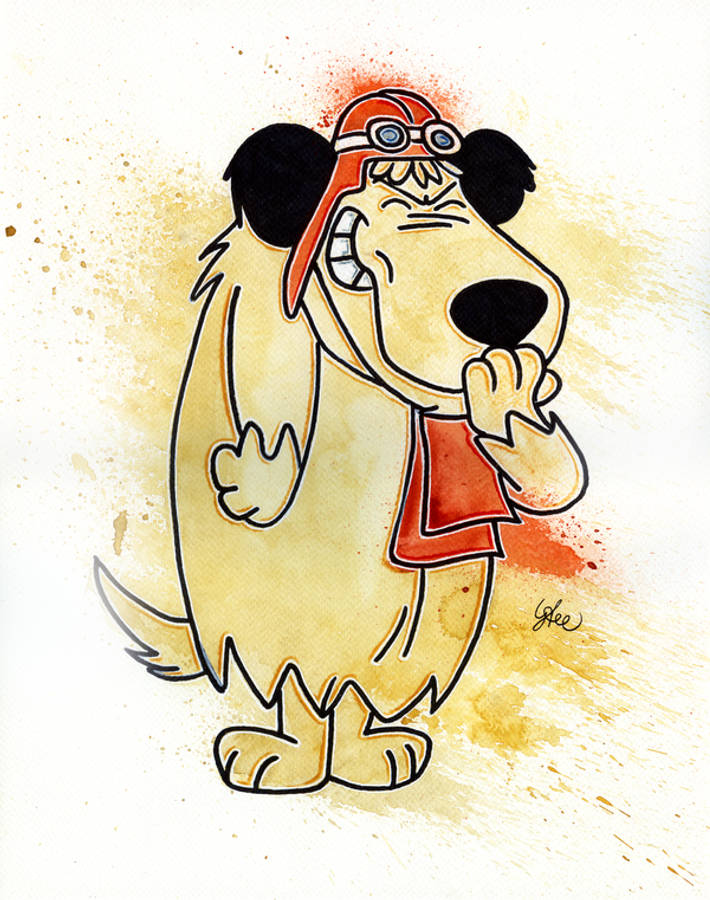 Muttley 桌布 壁紙 — 一隻卡通狗戴著紅色飛行頭盔和護目鏡，在水彩潑濺背景上頑皮地咧嘴笑。