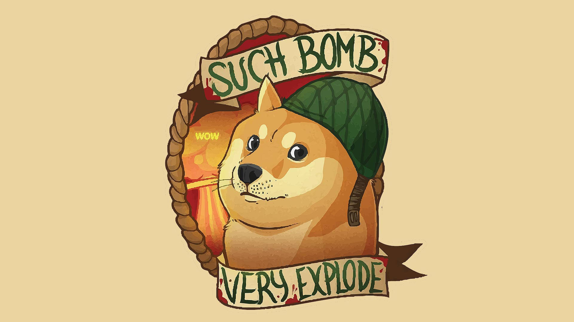 Doge 桌布 壁紙 — 一隻卡通狗戴著綠色頭盔，手持寫有「SUCH BOMB」和「VERY EXPLODE」的橫幅，背景為米色。