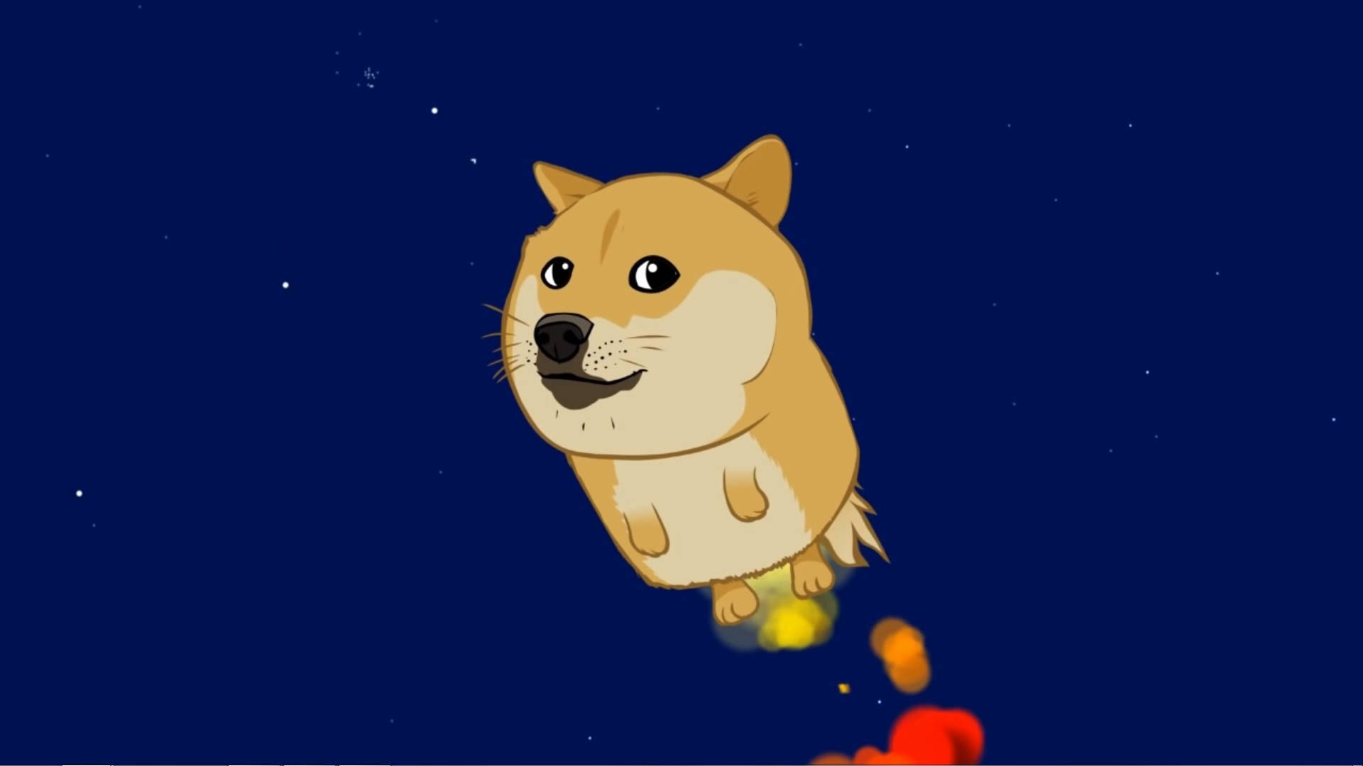 Doge 桌布 壁紙 — 一隻卡通狗漂浮在繁星點點的夜空中，身後拖著色彩繽紛的火焰排氣。