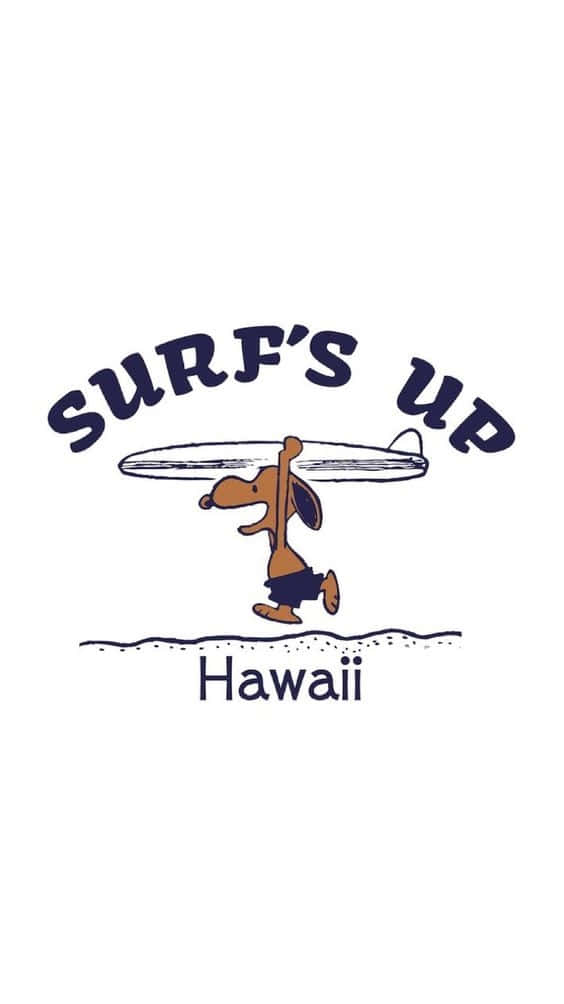 Hawaii iPhone 桌布 壁紙 — 一隻卡通狗用一隻手臂夾著一塊衝浪板，上下方有「SURF'S UP Hawaii」文字。