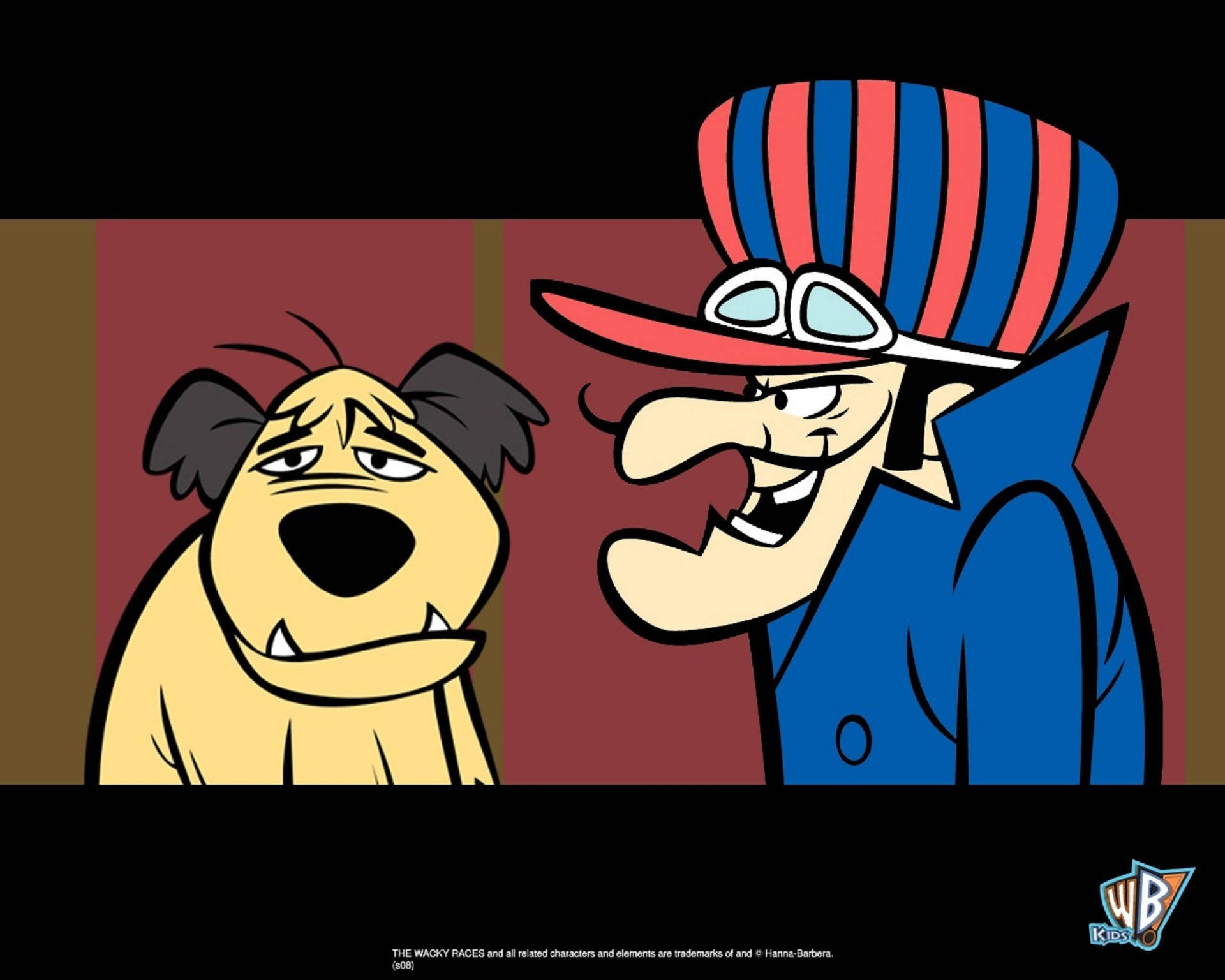 Muttley 桌布 壁紙 — 一隻卡通狗看起來很震驚，而一個戴著條紋帽子和護目鏡的男人在他旁邊狡黠地咧嘴笑。