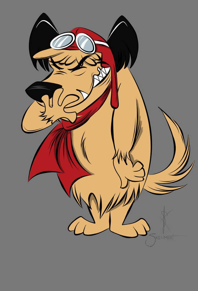Muttley 桌布 壁紙 — 一隻卡通狗穿著紅色飛行員服裝和護目鏡，拿著黑色物體咧嘴笑。