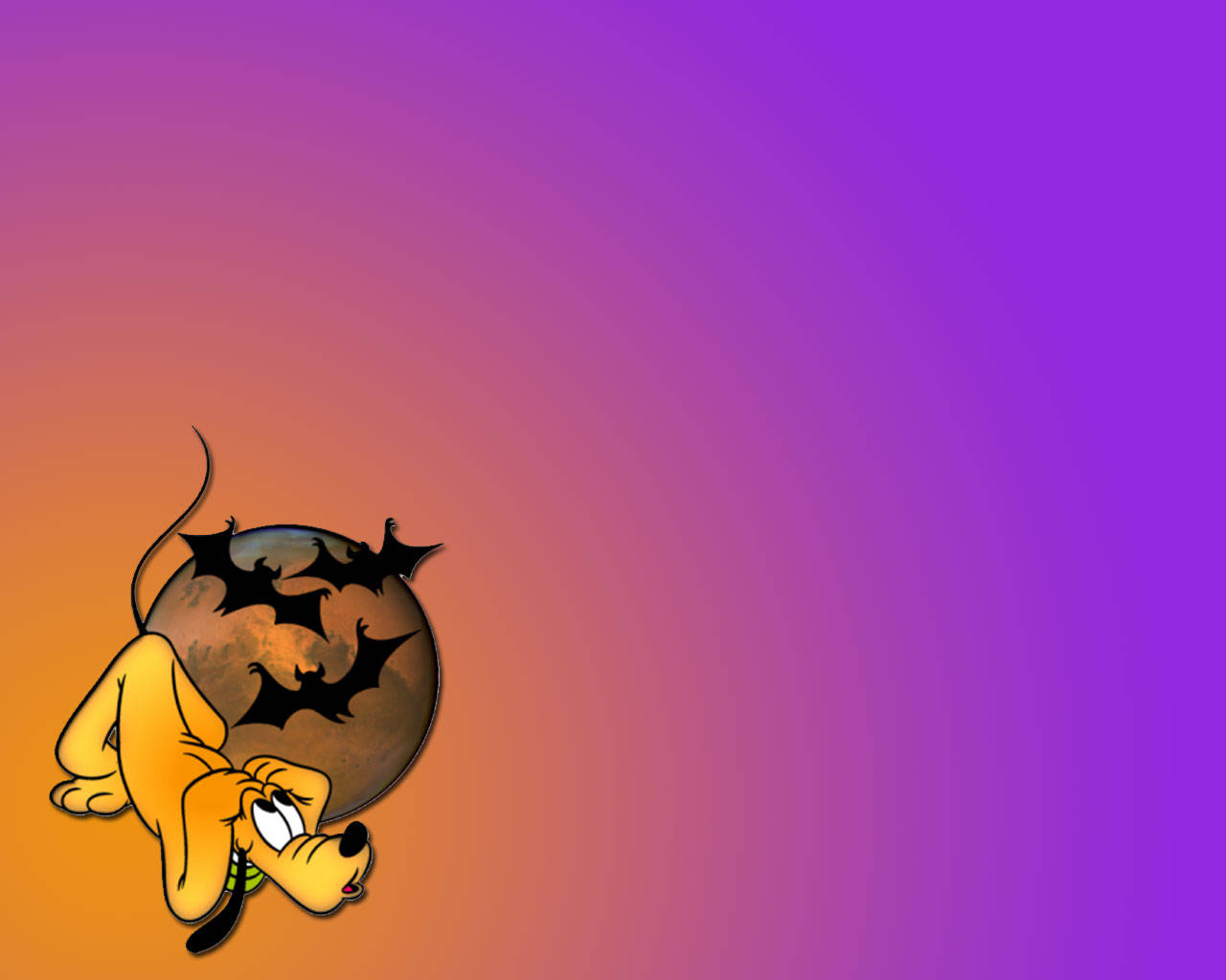 pluto 桌布 壁紙 — 一隻卡通狗躺在一個充滿蝙蝠的月亮旁邊，背景是紫色橙色漸變的天空。