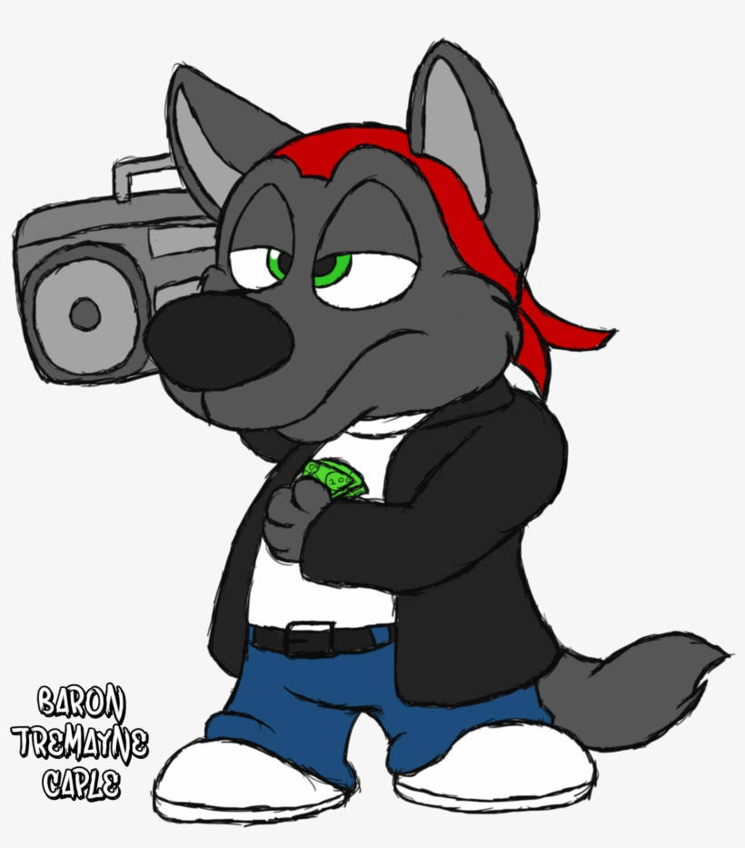 Gangsta Cartoon 桌布 壁紙 — 一隻卡通狼，綠色眼睛，戴紅色頭巾，扛著手提音響，以嘻哈姿勢抓著現金。