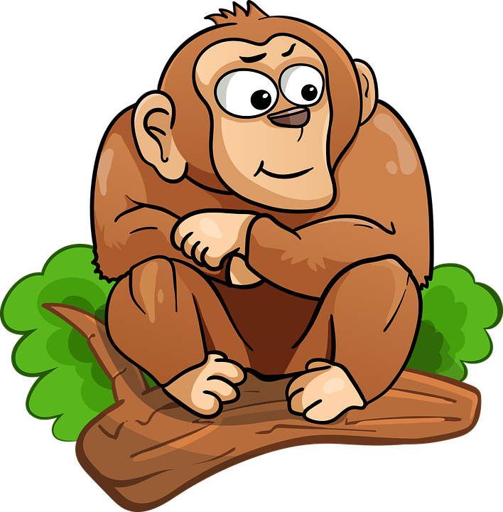 Ape 桌布 壁紙 — 一隻卡通猴子，大眼睛，盤腿坐在樹枝上，周圍是綠色灌木叢。