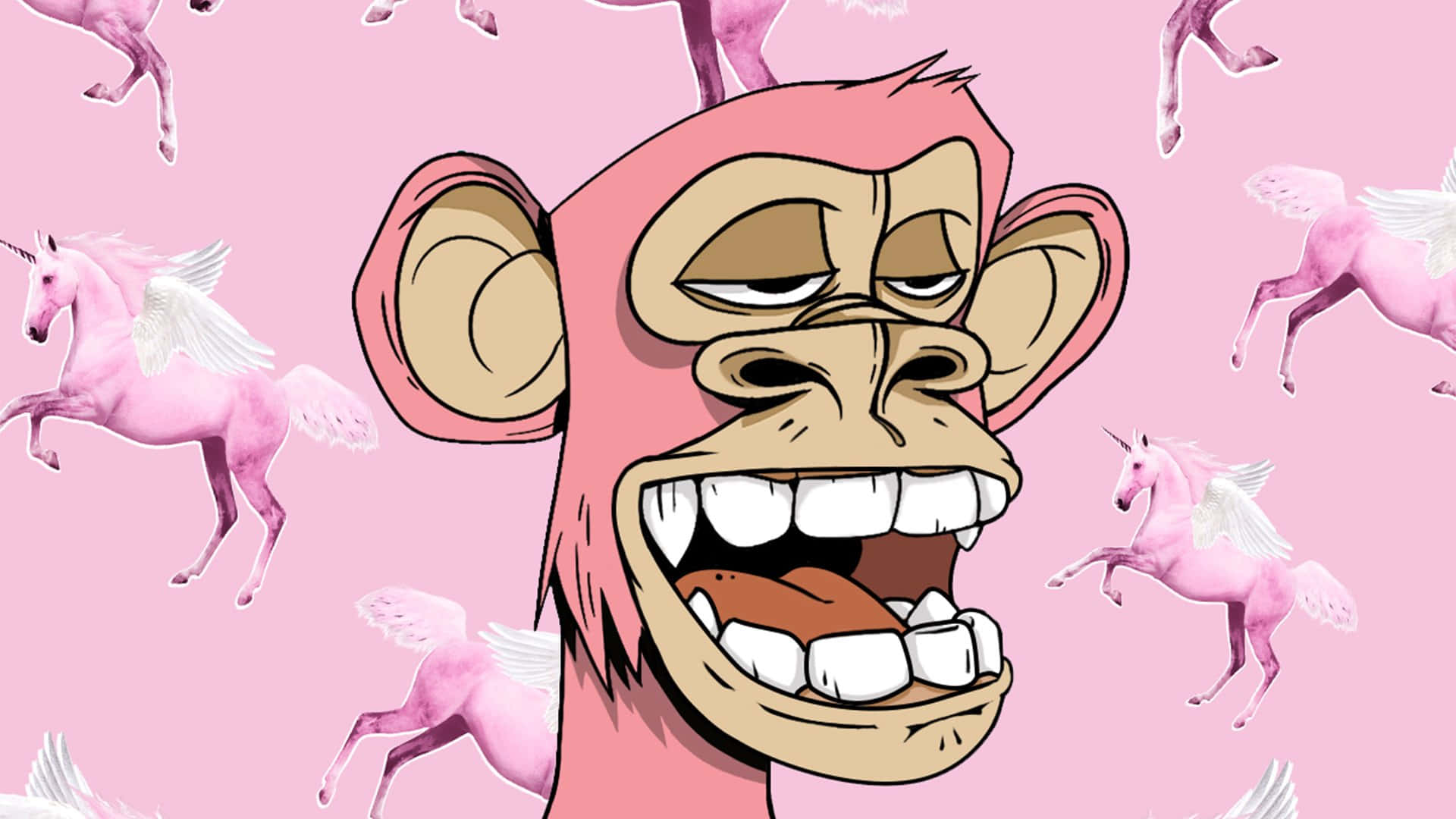 Cartoon 桌布 壁紙 — 一隻卡通猴子，有著寬闊的笑容和粉紅色的毛髮，被粉紅色的有翼獨角獸包圍在純粉紅色的背景上。