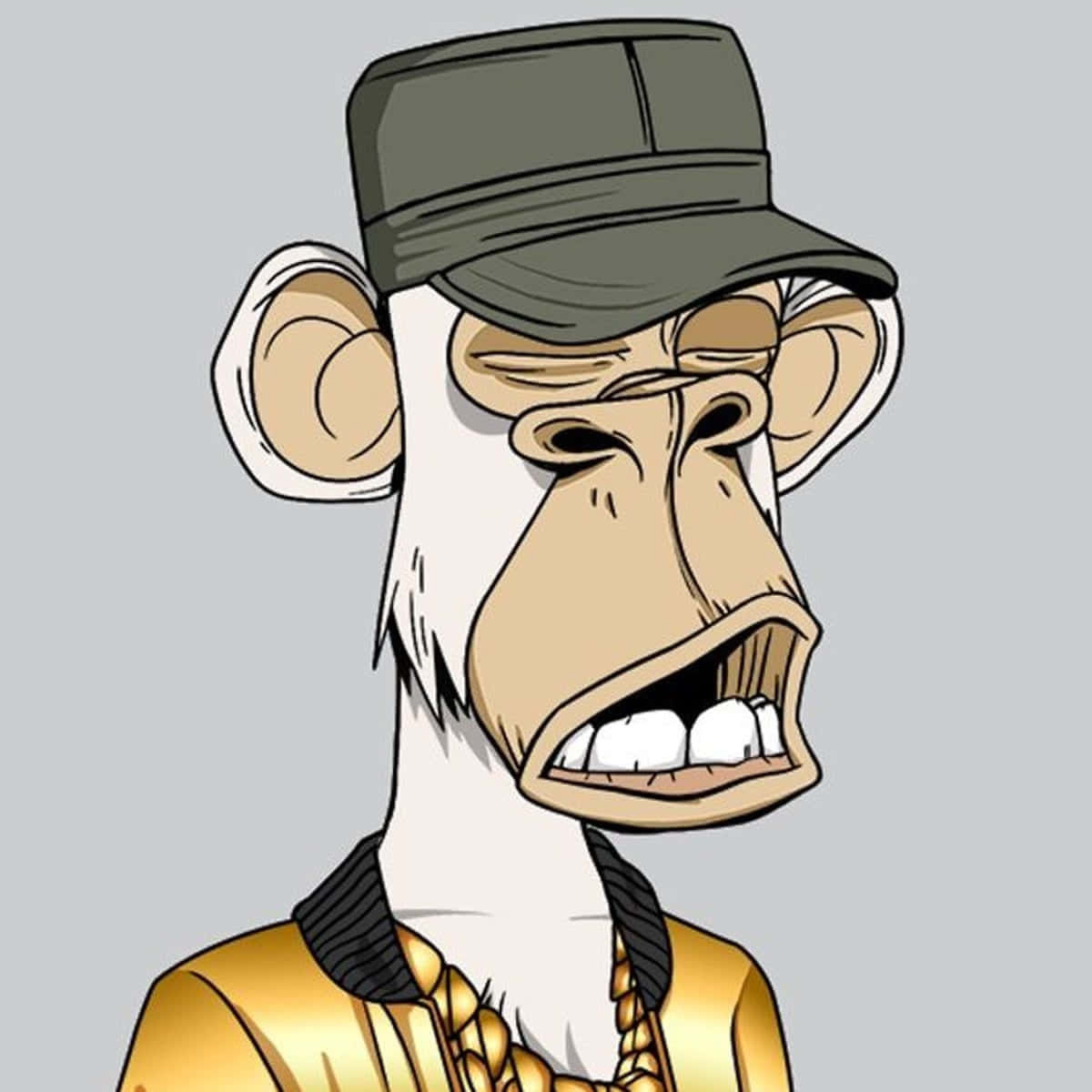 Cartoon 桌布 壁紙 — 一隻卡通猴子帶著悶悶不樂的表情，戴著綠色帽子和金色外套，背景是純灰色。