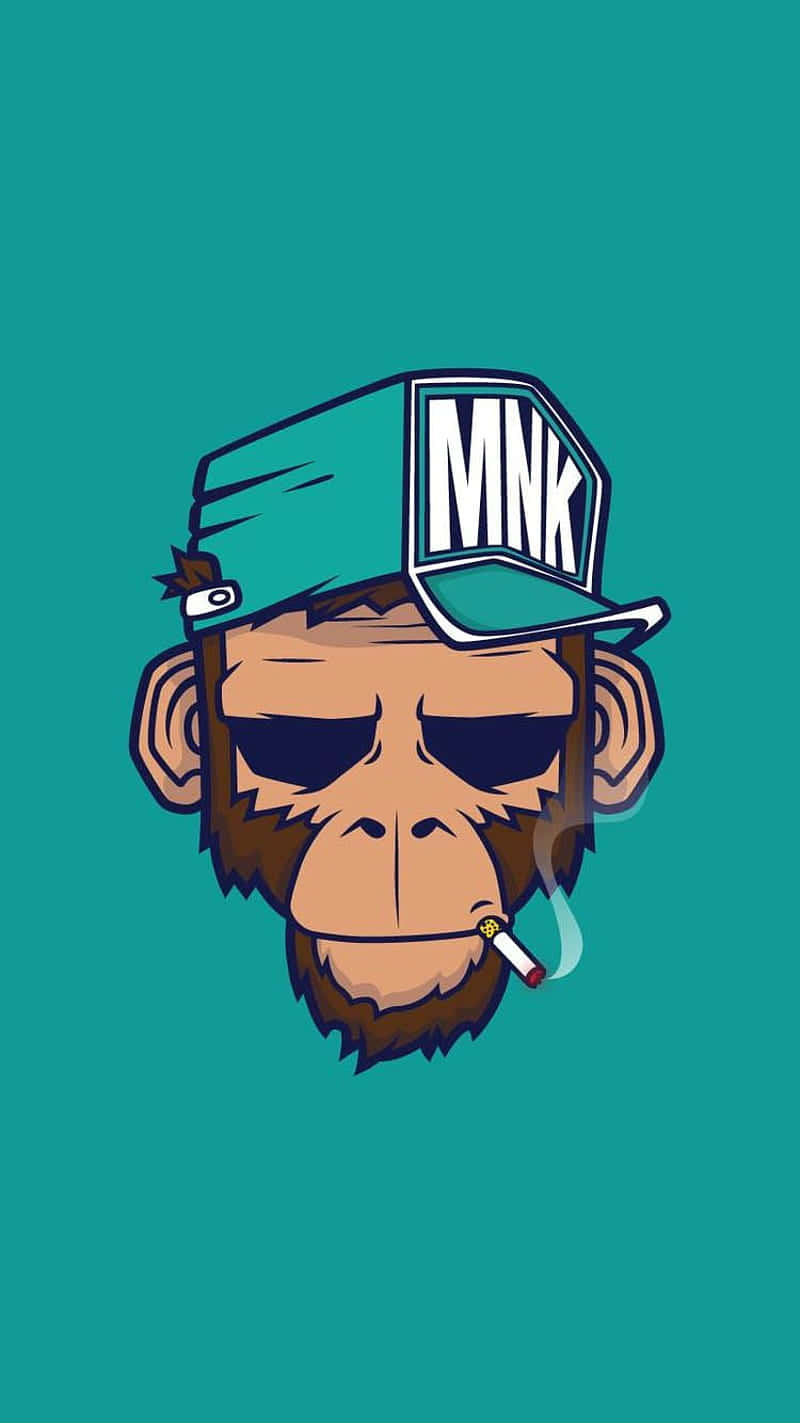 Monkey iPhone 桌布 壁紙 — 一隻卡通猴子戴著有 'MNK' 字樣的青綠色帽子和太陽眼鏡，在純青綠色背景上抽煙。