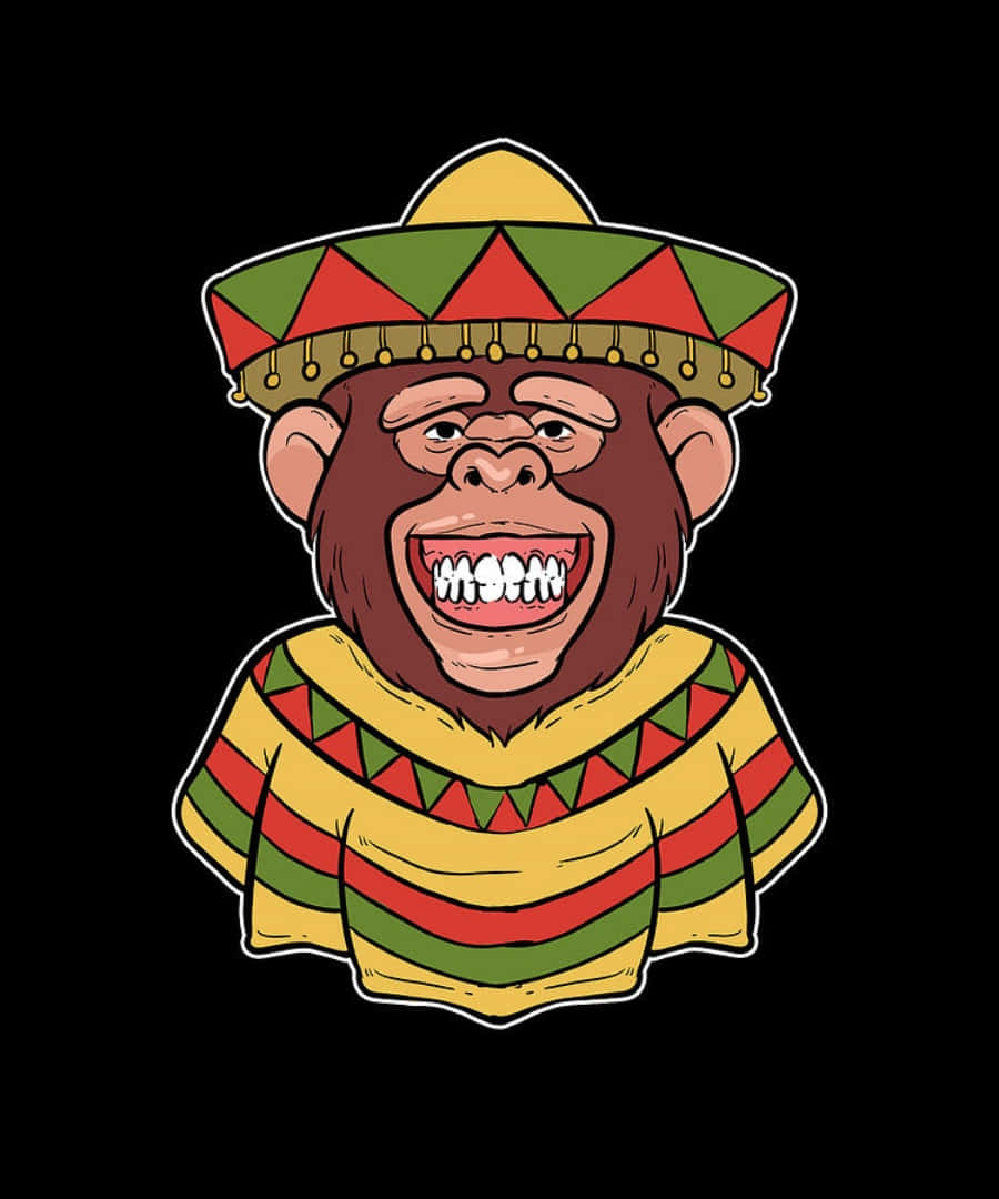 Funny Mexican 桌布 壁紙 — 一隻卡通猴子戴著色彩繽紛的闊邊帽和條紋披肩，在黑色背景前咧嘴大笑。