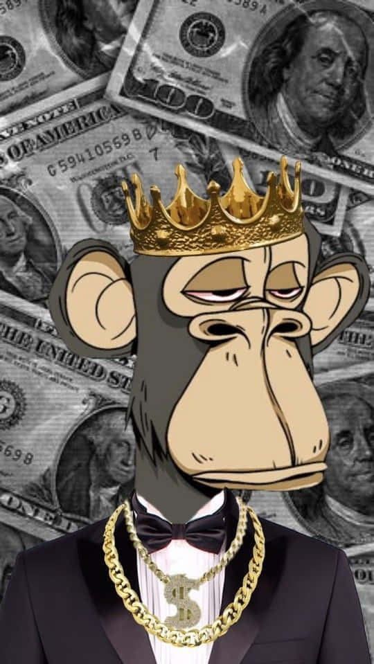 Dollar Bill 桌布 壁紙 — 一隻卡通猴子戴著金皇冠和掛著美元符號鏈條，站在散落百元鈔票的背景前。