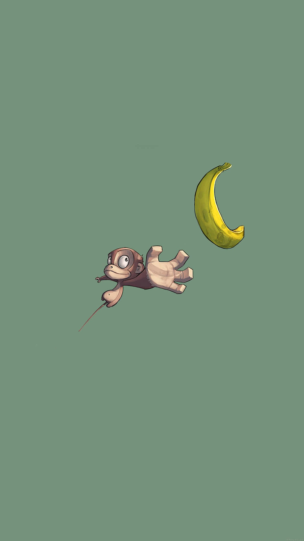 Monkey iPhone 桌布 壁紙 — 一隻卡通猴子睜大眼睛，在純鼠尾草綠色背景前伸手去拿香蕉。