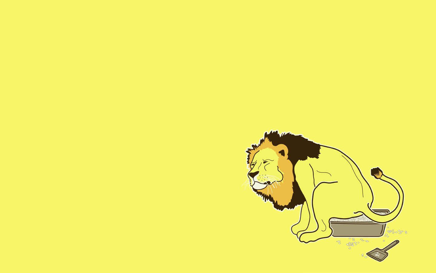  壁紙 — 一隻卡通獅子平靜地坐在馬桶上，背景是純黃色，旁邊有一個勺子。