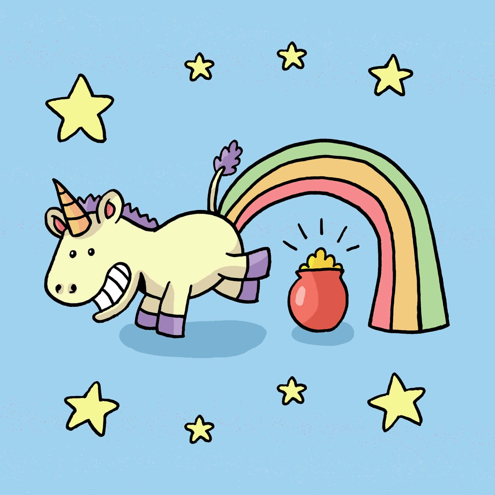 Cartoon Unicorn 桌布 壁紙 — 一隻卡通獨角獸，在星空藍天下有彩虹便便和一罐黃金。