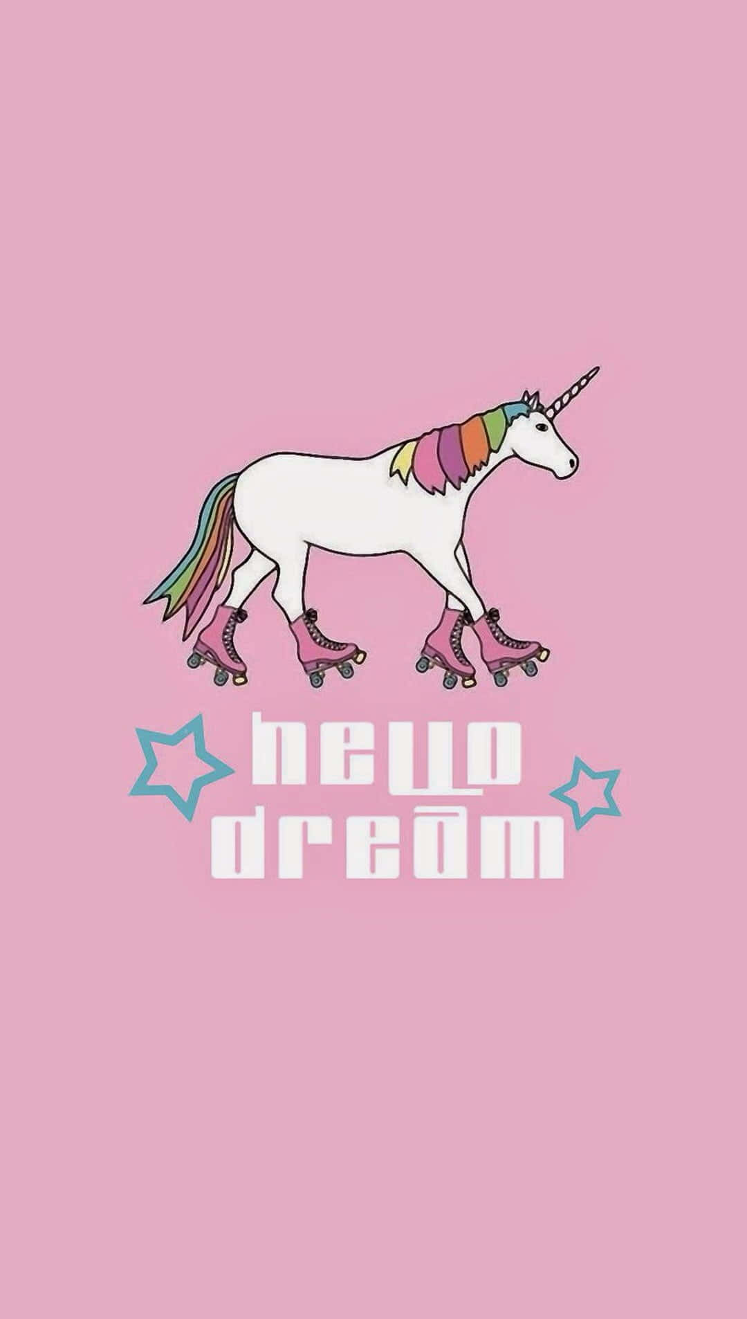 Cute Unicorn 桌布 壁紙 — 一隻卡通獨角獸，擁有彩虹鬃毛和尾巴，穿著粉紅色輪鞋，背景為純粉紅色，並帶有「hello dream」文字。