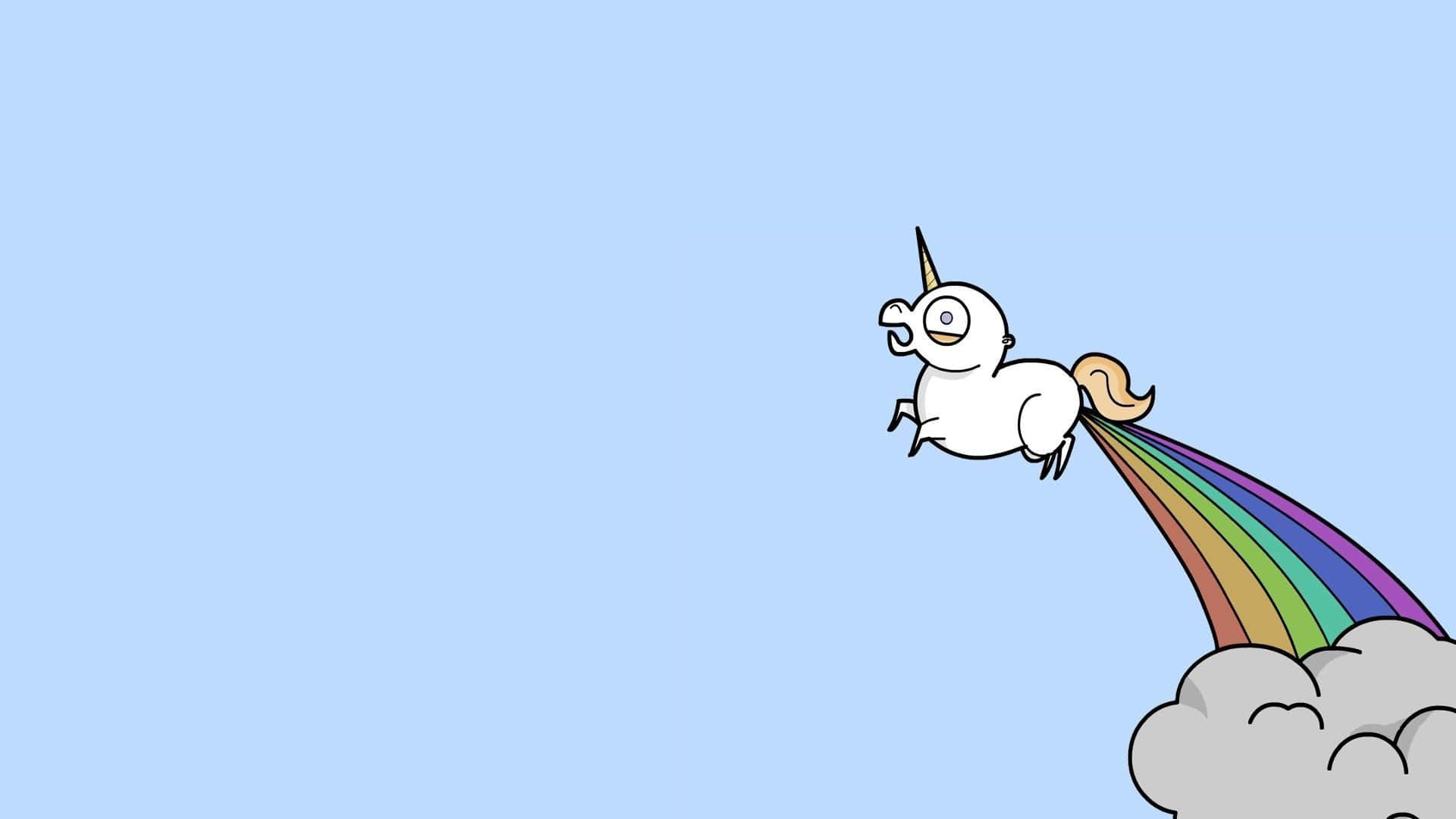 Unicorn Desktop 桌布 壁紙 — 一隻卡通獨角獸愉快地從雲朵向上飛，在柔和的藍天中留下一道鮮豔的彩虹痕跡。
