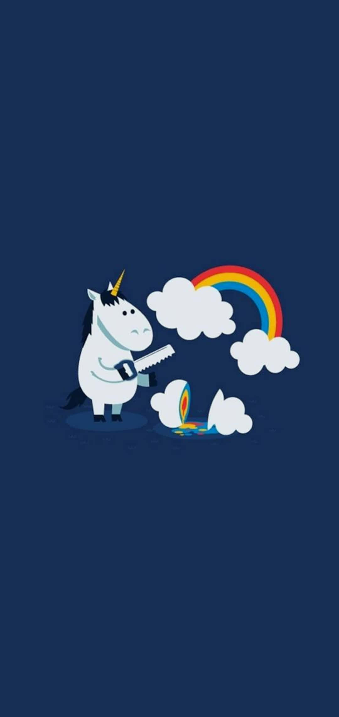 獨角獸 桌布 壁紙 — 一隻卡通獨角獸鋸開雲層，在深藍色背景上釋放出彩虹。