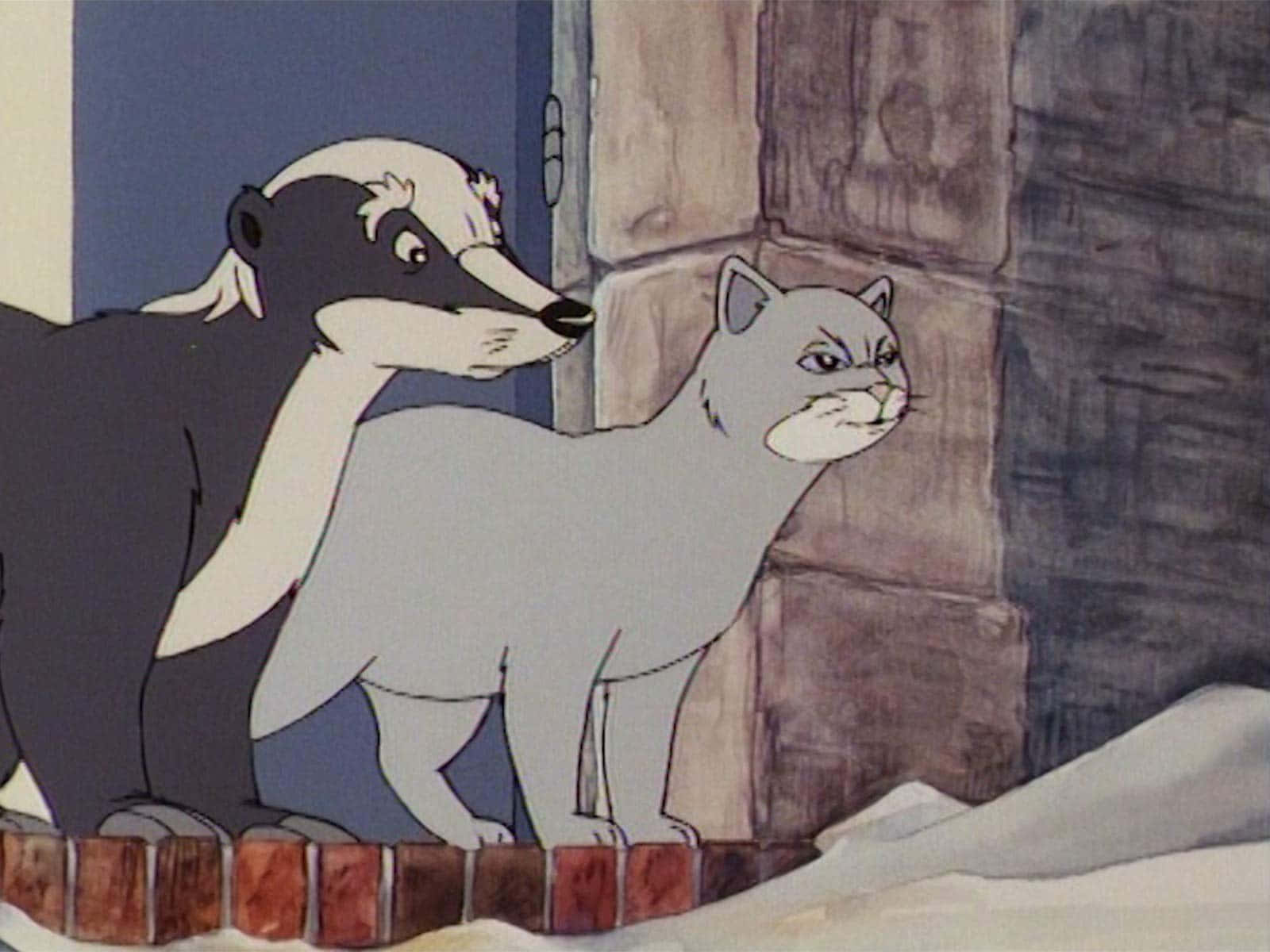 animals 桌布 壁紙 — 一隻卡通獾和貓並排站在石牆旁積雪的磚砌窗台上。
