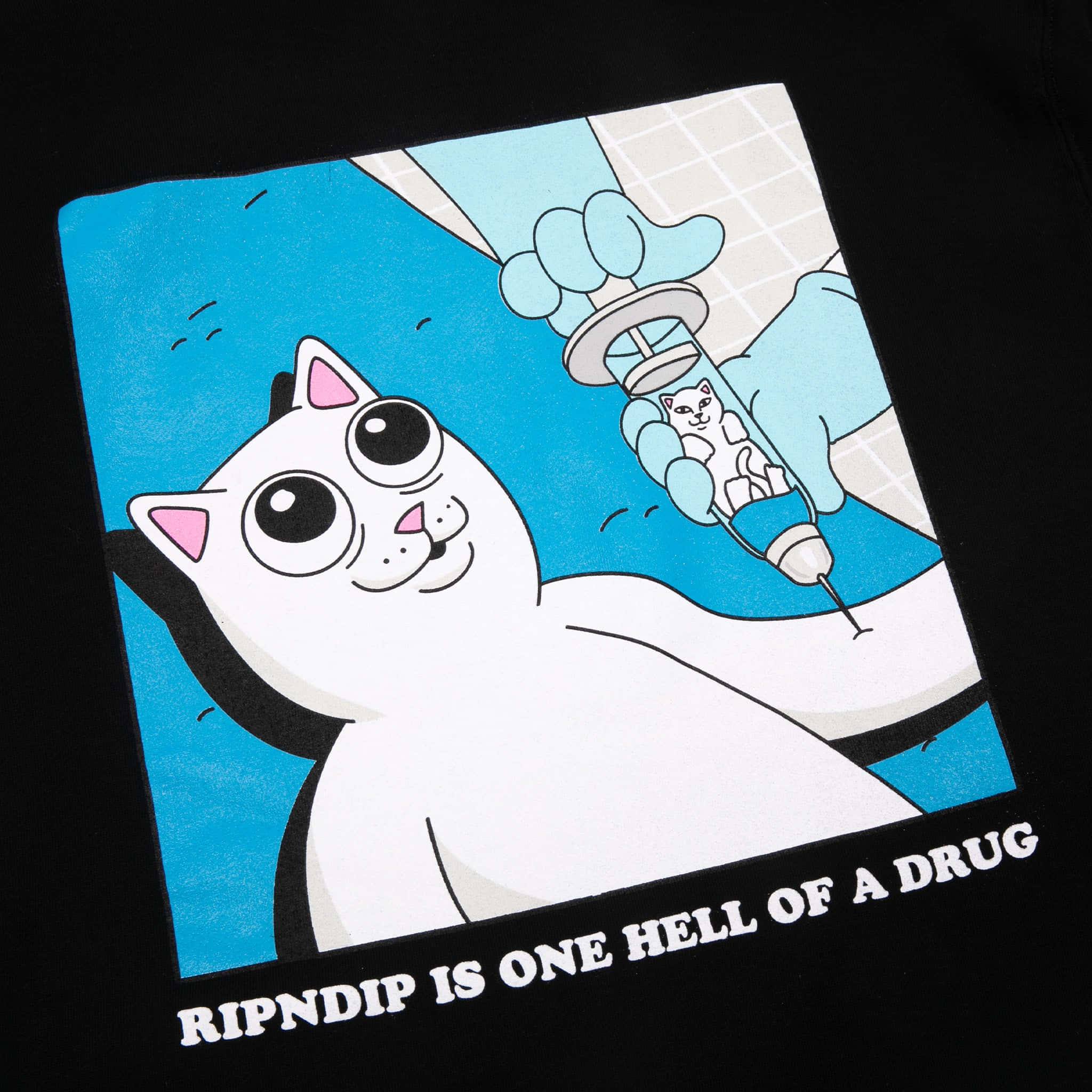 ripndip 桌布 壁紙 — 一隻卡通白貓睜大眼睛向上看，一隻戴手套的手正在將一隻小貓注射進注射器，背景為藍色。