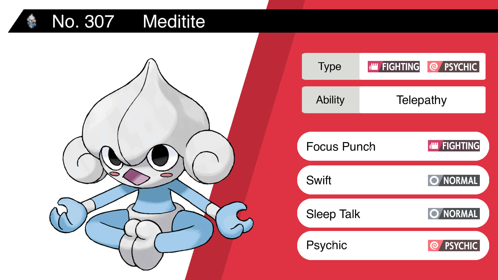 寶可夢 桌布 壁紙 — 一隻卡通的 Meditite 盤腿打坐，擺出冥想姿勢，背景是紅白色，並顯示它的 Pokédex 數據。