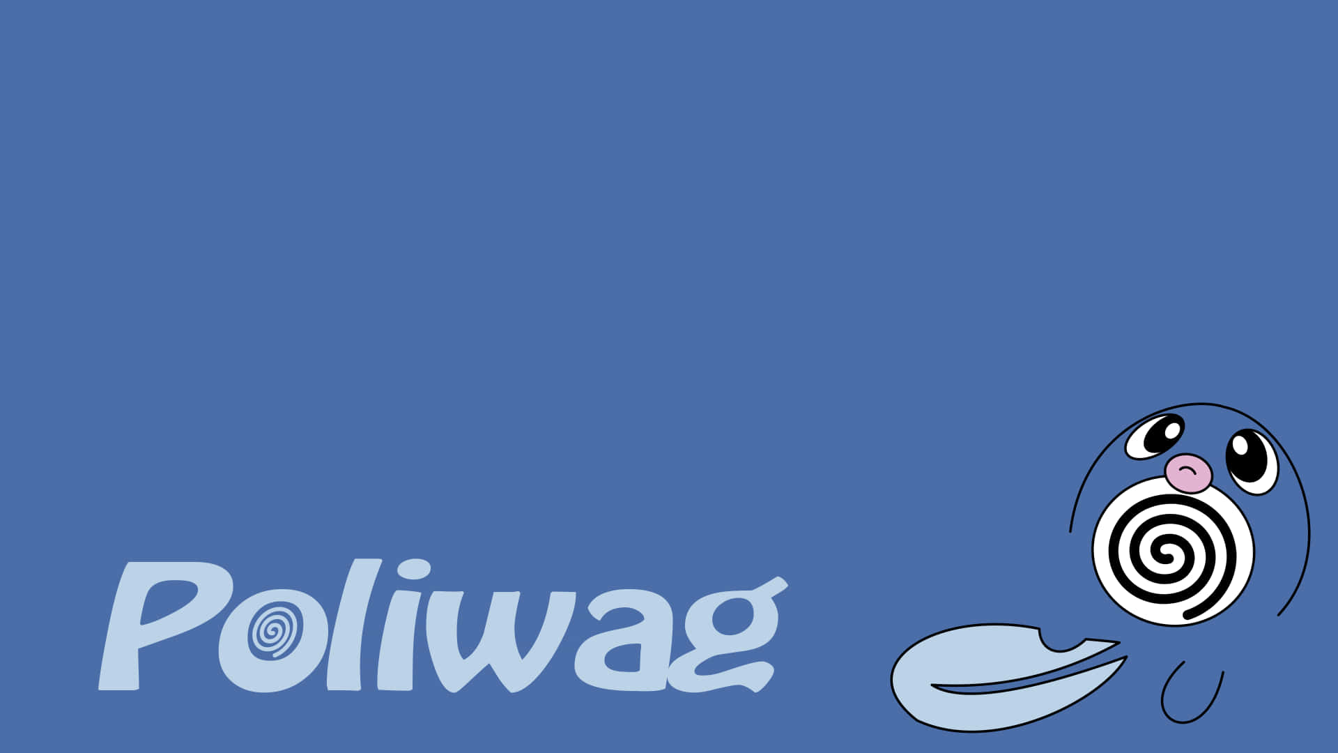 寶可夢 桌布 壁紙 — 一隻卡通的Poliwag寶可夢，有螺旋形嘴巴和大眼睛，坐在藍色背景上，旁邊有它的名字。