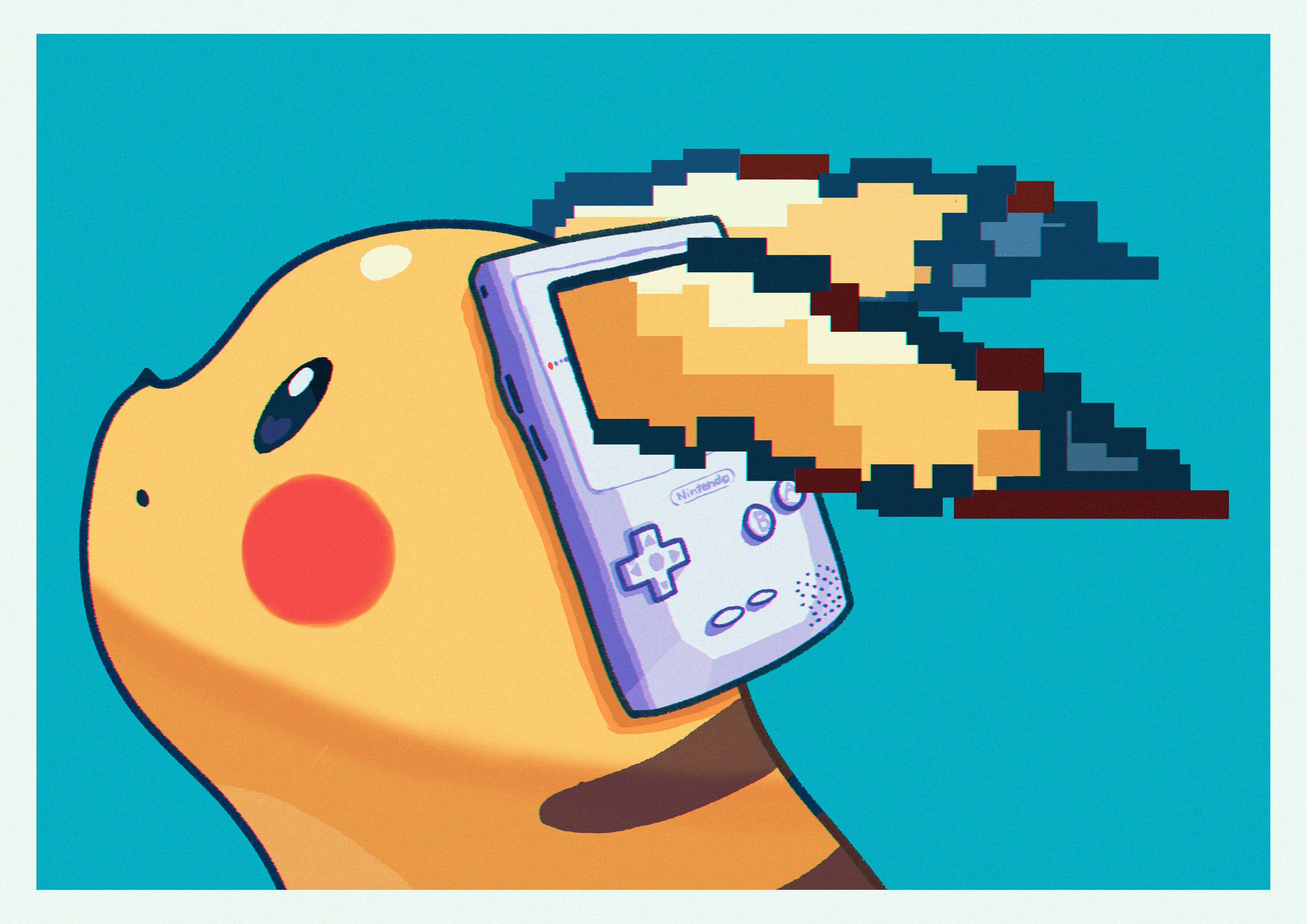 皮卡丘 桌布 壁紙 — 一隻卡通皮卡丘拿著Game Boy，螢幕上爆發出像素火焰，背景為青綠色。