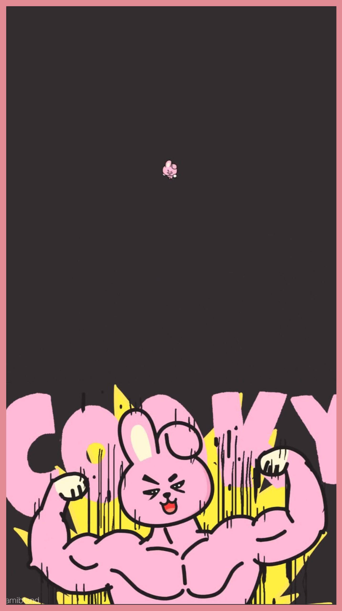 Cooky Bt21 桌布 壁紙 — 一隻卡通粉紅色兔子在深色背景上展示肌肉，背景有粗體黃色和粉紅色文字寫著「COOKY」。
