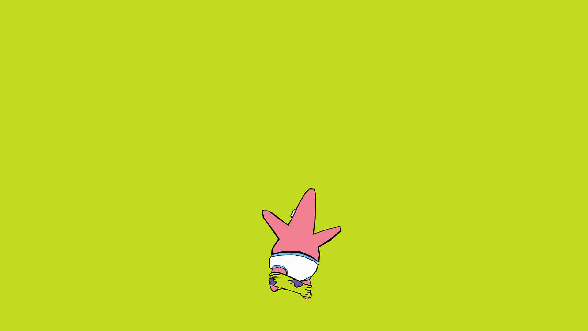 Patrick 桌布 壁紙 — 一隻卡通粉紅色海星戴著白色帽子和紫色手套，獨自站在明亮的萊姆綠色背景上。