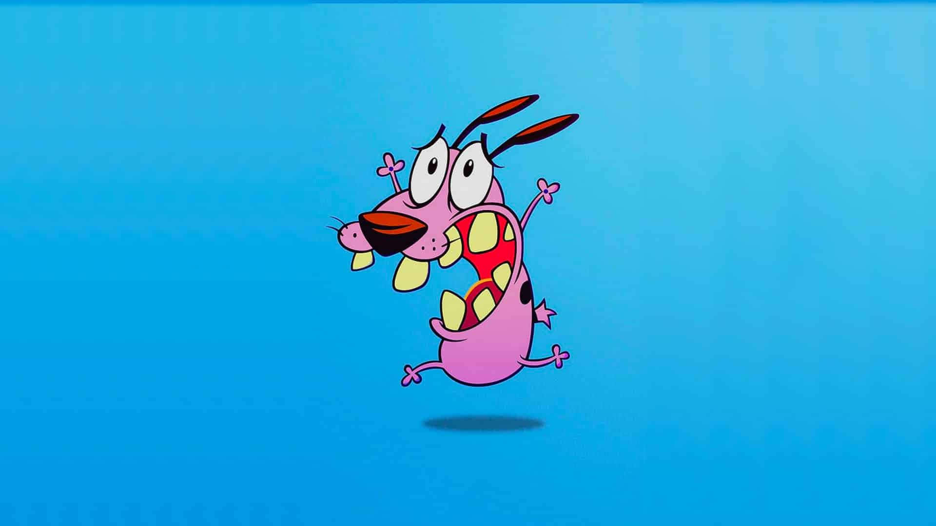 Cartoon Heroes 桌布 壁紙 — 一隻卡通粉紅色狗，眼睛大大，嘴巴張開，在純藍色背景上快樂地跳躍。