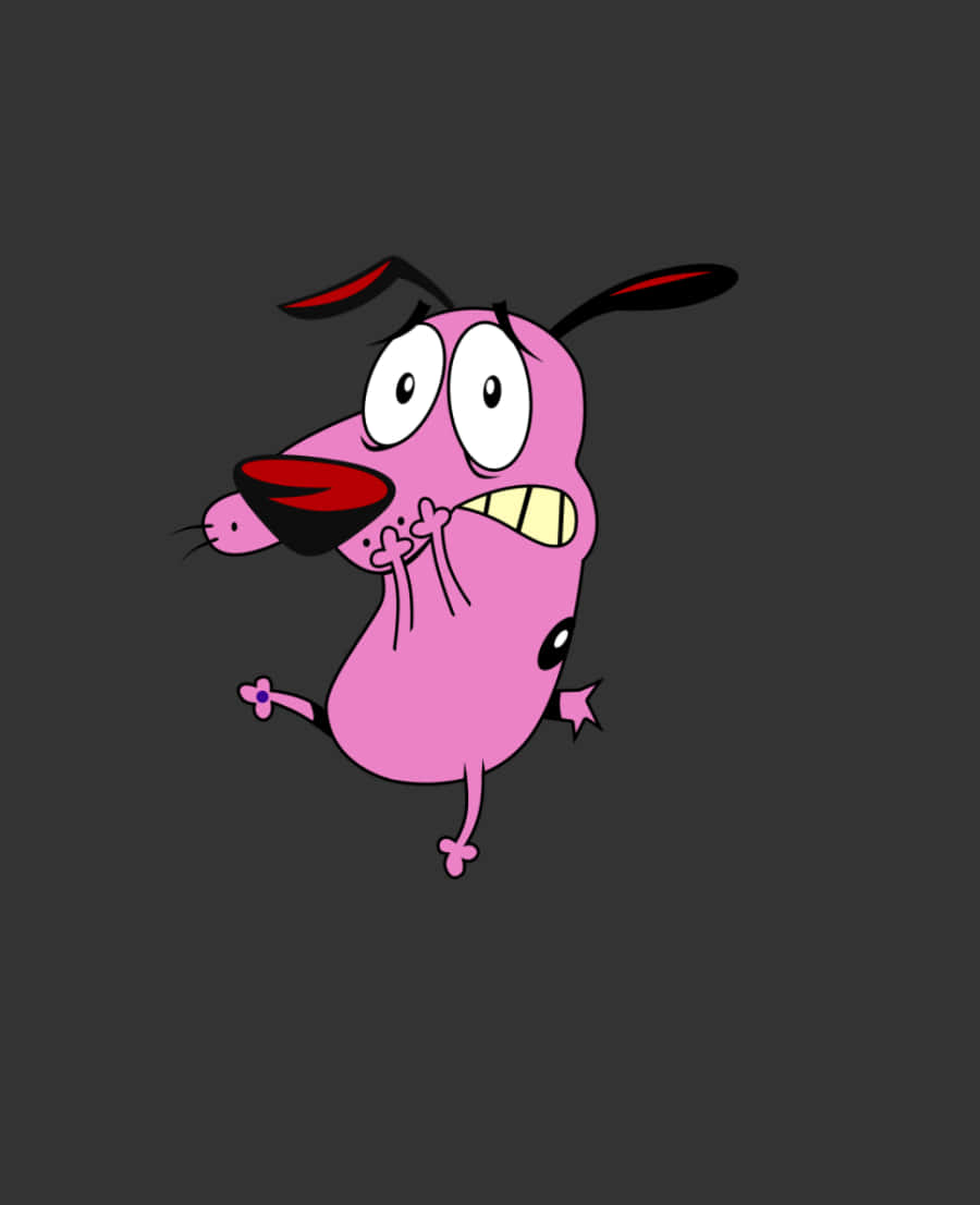 courage the cowardly dog 桌布 壁紙 — 一隻卡通粉紅色狗，眼睛睜大，舌頭紅色，在深灰色背景上跳躍。