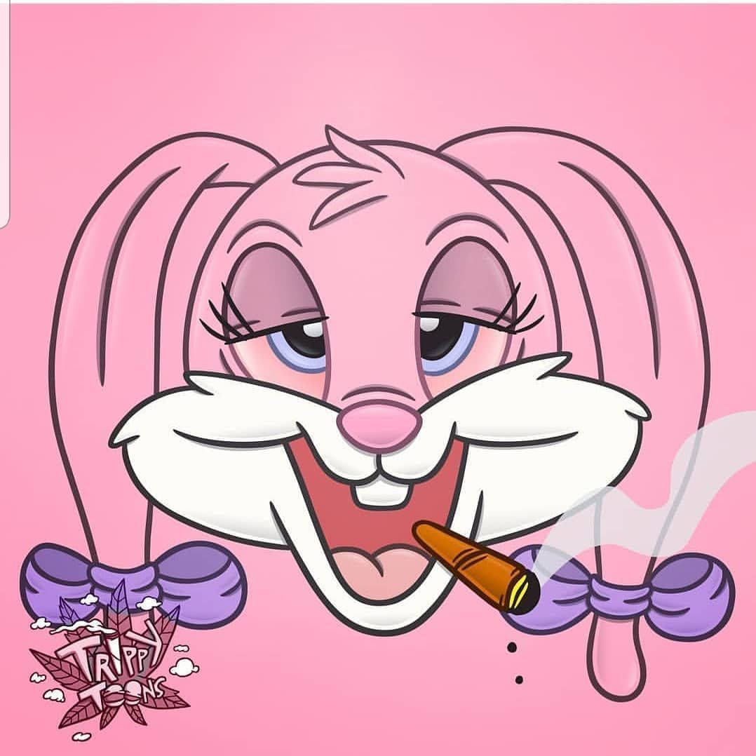 藝術 桌布 壁紙 — 一隻卡通粉紅色長髮兔子戴著紫色蝴蝶結，在純粉紅色背景前抽雪茄。