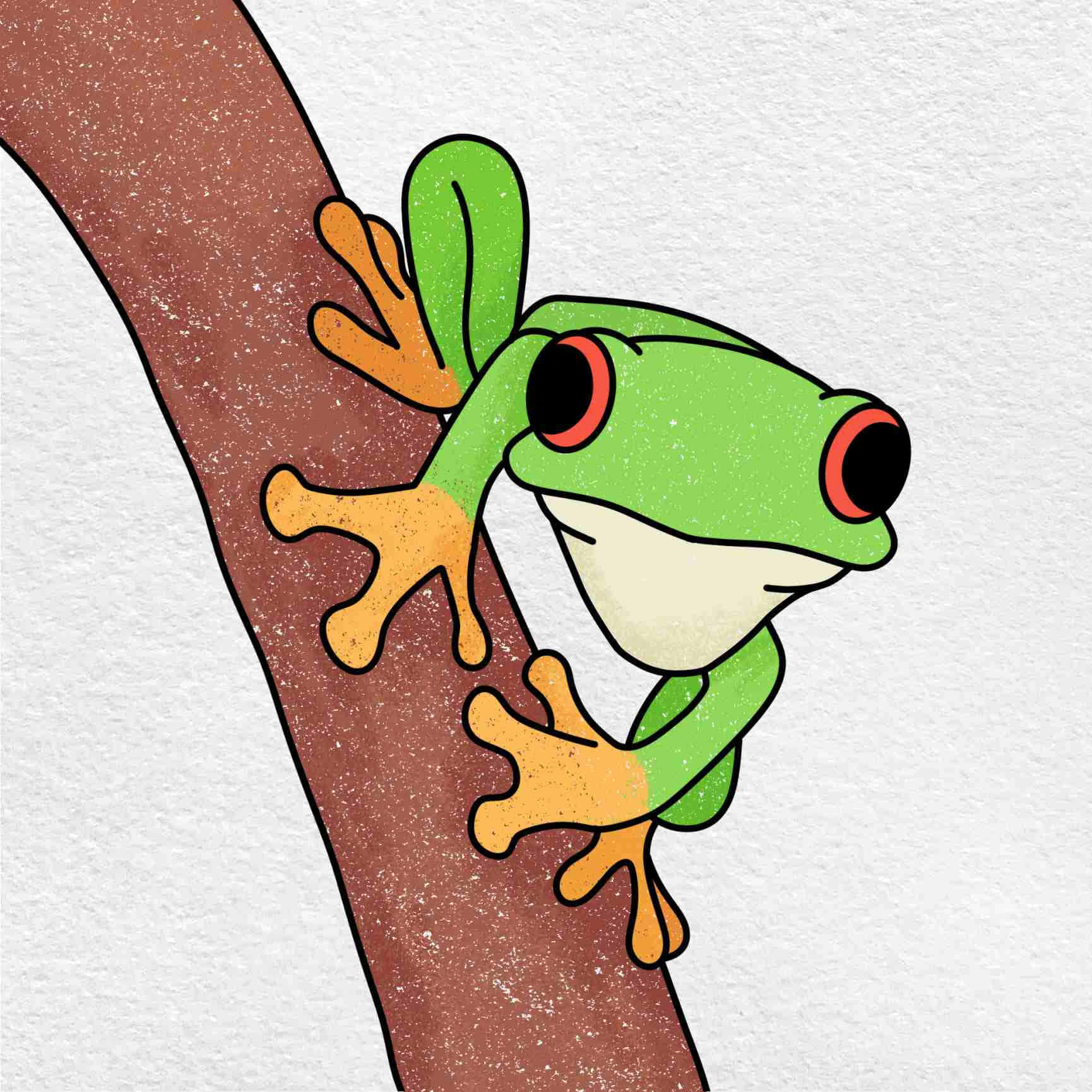 Frog Drawing 桌布 壁紙 — 一隻卡通紅眼樹蛙緊貼著一條有紋理的棕色樹枝，背景是帶斑點的白色。