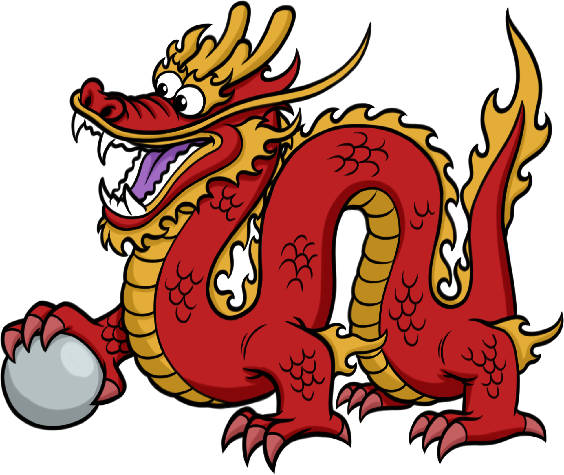 中國龍 桌布 壁紙 — 一隻卡通紅金龍，帶著頑皮的表情，在黑色背景上緊握著一顆銀色珍珠。