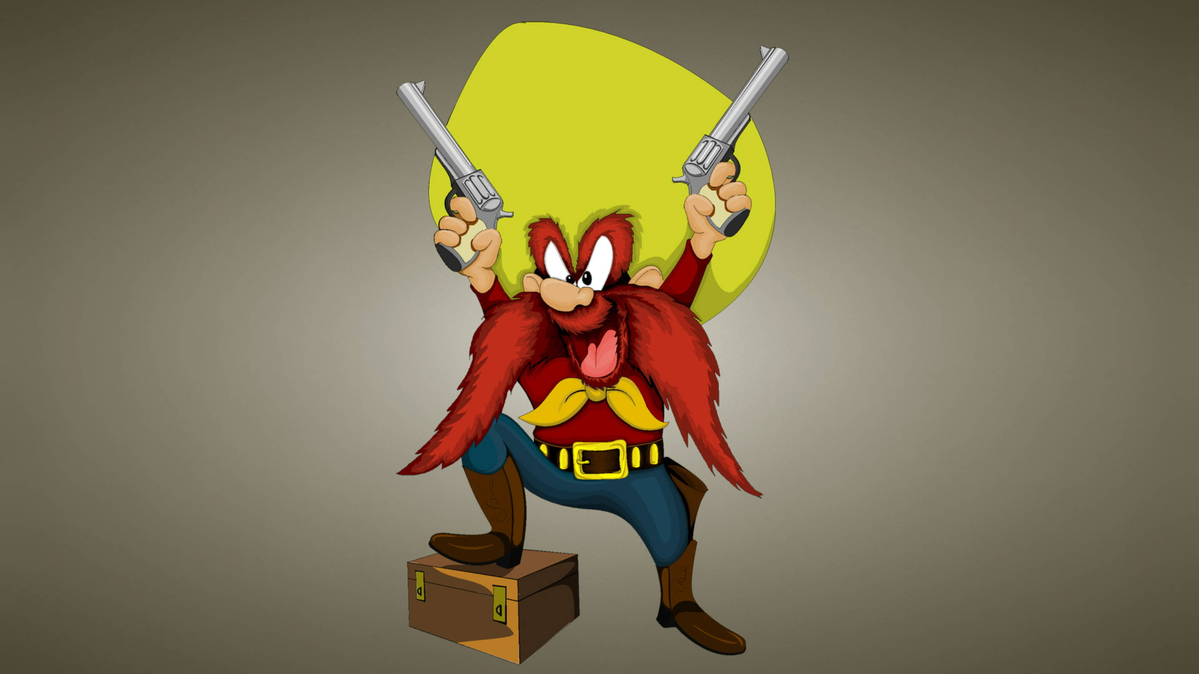 Yosemite Sam 桌布 壁紙 — 一隻卡通紅鳥，有黃色鬍子和靴子，站在一個箱子上，手持兩把左輪手槍，背景是黃色的太陽。