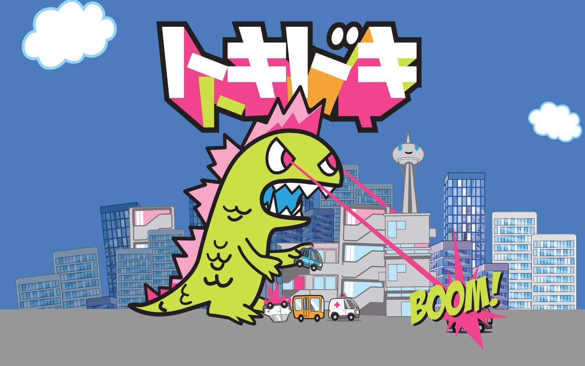 Cartoon 桌布 壁紙 — 一隻卡通綠色恐龍帶有粉紅色尖刺，在藍天白雲下的城市景觀中向汽車發射粉紅色雷射。