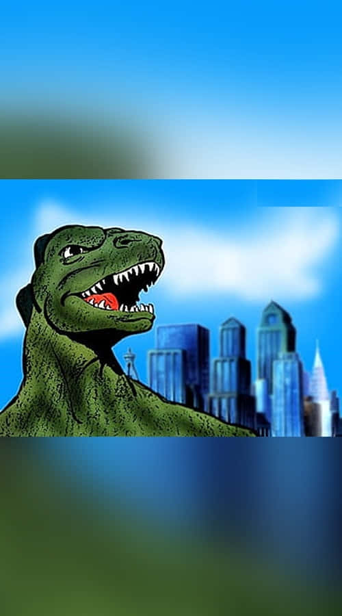 Godzilla Comic 桌布 壁紙 — 一隻卡通綠色恐龍露出尖牙咆哮，背景是藍天和城市摩天大樓。