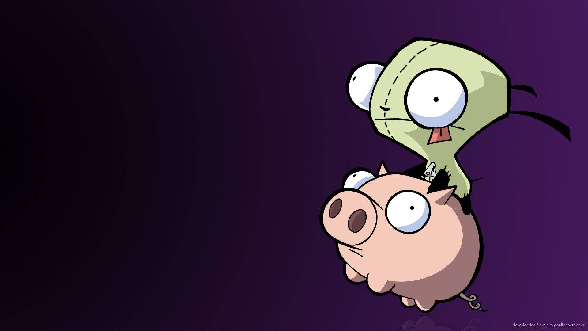 Invader Zim 桌布 壁紙 — 一隻卡通綠色縫臉殭屍棲息在一隻驚訝的粉紅豬上，背景為深紫色。