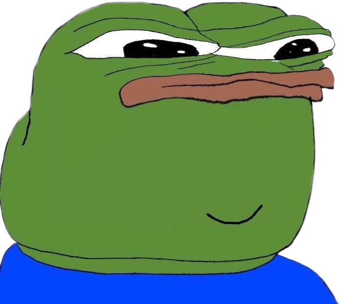 Pepe 桌布 壁紙 — 一隻卡通綠色青蛙，帶著自鳴得意的表情，穿著藍色襯衫，背景為黑色。