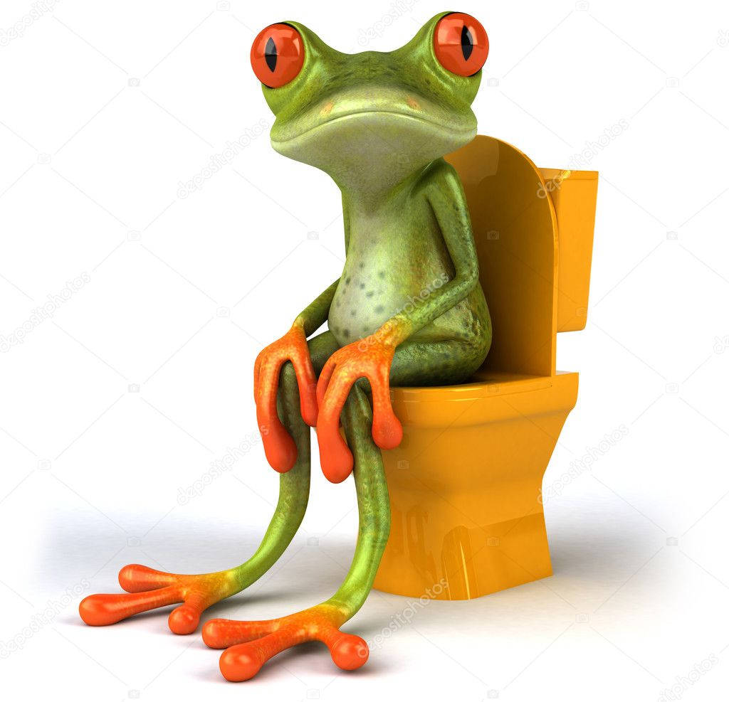Kawaii Frog 桌布 壁紙 — 一隻卡通綠色青蛙，有著明亮的紅色眼睛，直坐在黃色馬桶上，背景是純白色。