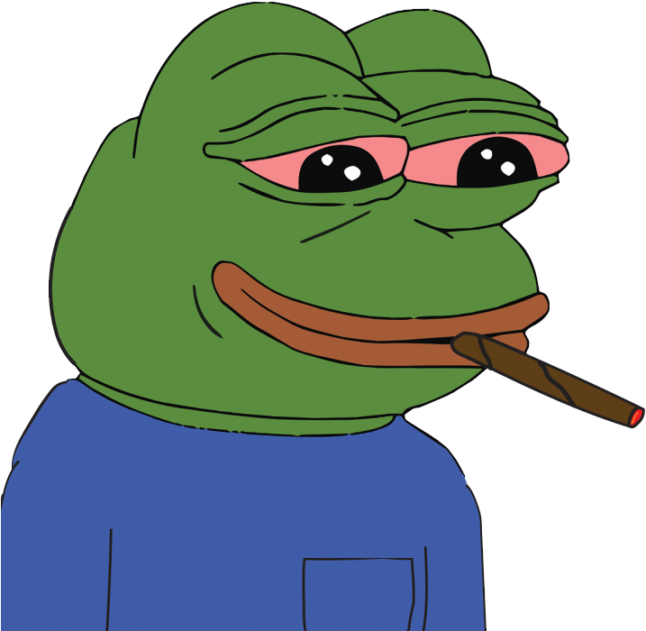 pepe frog 桌布 壁紙 — 一隻卡通綠色青蛙帶著自鳴得意的表情，穿著藍色襯衫，在黑色背景前抽雪茄。