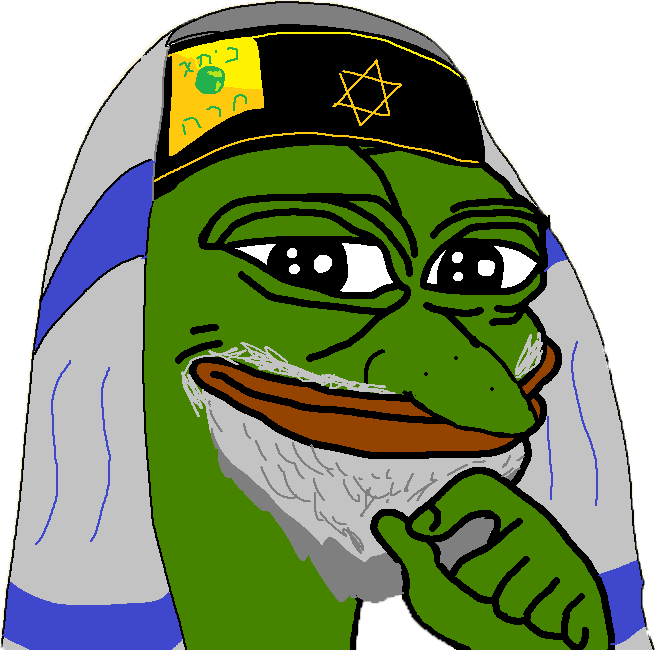 Pepe 桌布 壁紙 — 一隻卡通綠色青蛙戴著帶有大衛之星和希伯來文文字的基帕，手指放在下巴上，擺出思考的姿勢。
