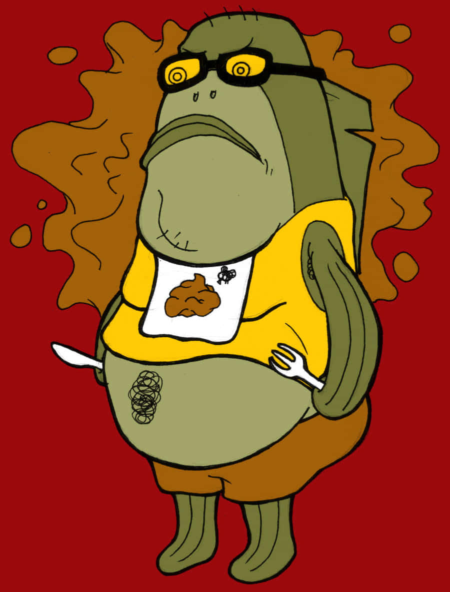 Bubble Bass 桌布 壁紙 — 一隻卡通綠色青蛙戴著黃色眼鏡和印有便便圖案的圍兜，在紅色背景前拿著餐具。