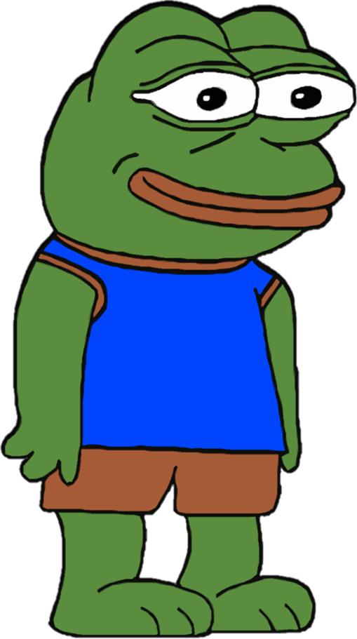 pepe frog 桌布 壁紙 — 一隻卡通綠色青蛙穿著藍色背心和棕色短褲，站在純灰色背景前。