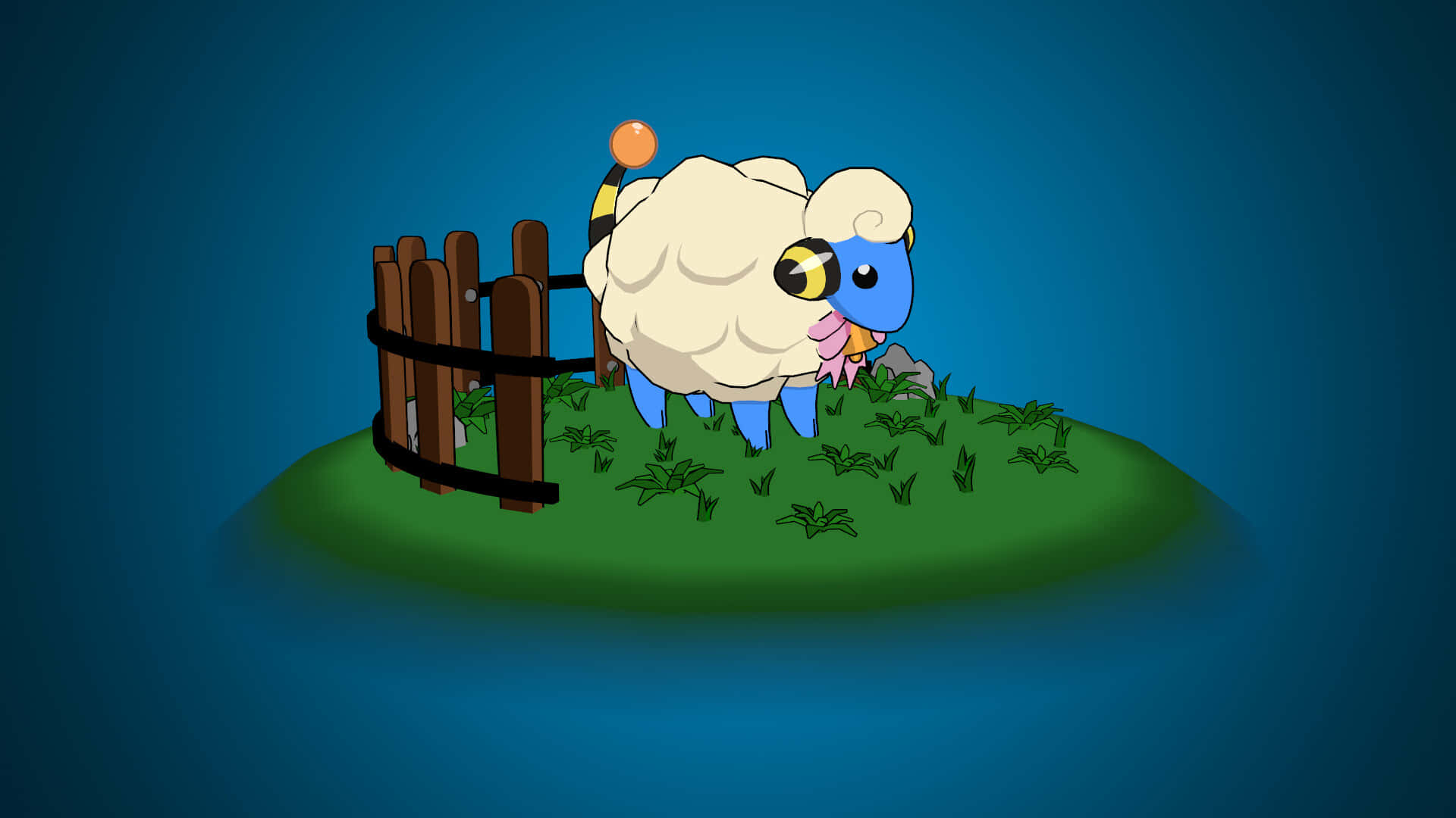 Farm Animal 桌布 壁紙 — 一隻卡通羊，藍色臉龐，戴著粉紅色蝴蝶結，在深藍色漸變天空下的木柵欄旁吃著綠草。