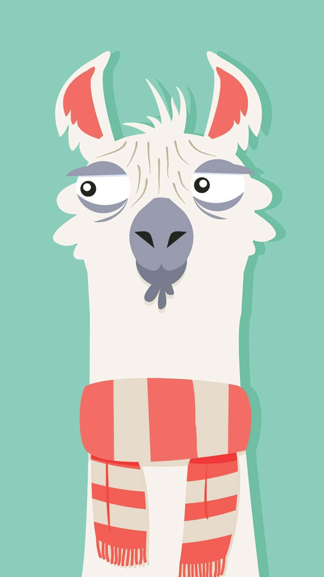 Kawaii Llama 桌布 壁紙 — 一隻卡通羊駝，眼睛疲憊，戴著紅白條紋圍巾，背景為青綠色。