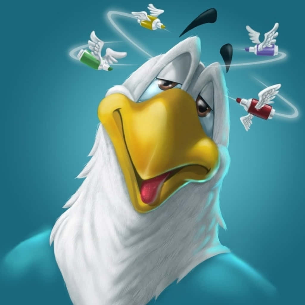 Cartoon Characters 桌布 壁紙 — 一隻卡通老鷹露出自鳴得意的笑容，有翼的注射器在牠頭頂盤旋，背景為青綠色。