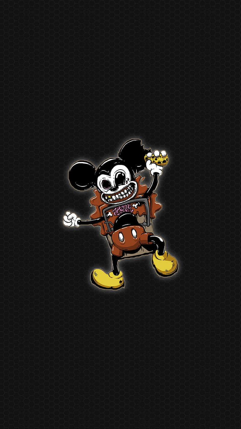 Mickey Mouse Cool 桌布 壁紙 — 一隻卡通老鼠，骷髏臉，發光的眼睛，在深色六邊形背景上拿著皇冠。