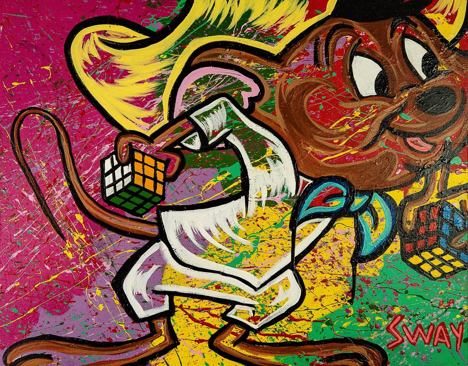 Speedy Gonzales 桌布 壁紙 — 一隻卡通老鼠，黃色頭髮，帶有油漆飛濺，在充滿活力的粉紅色和綠色背景前拿著魔術方塊。