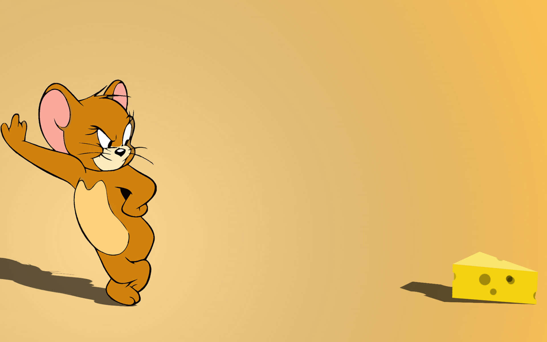 Cute Cartoon 桌布 壁紙 — 一隻卡通老鼠以動態姿勢伸手去拿一塊起司，背景是溫暖的漸層色。